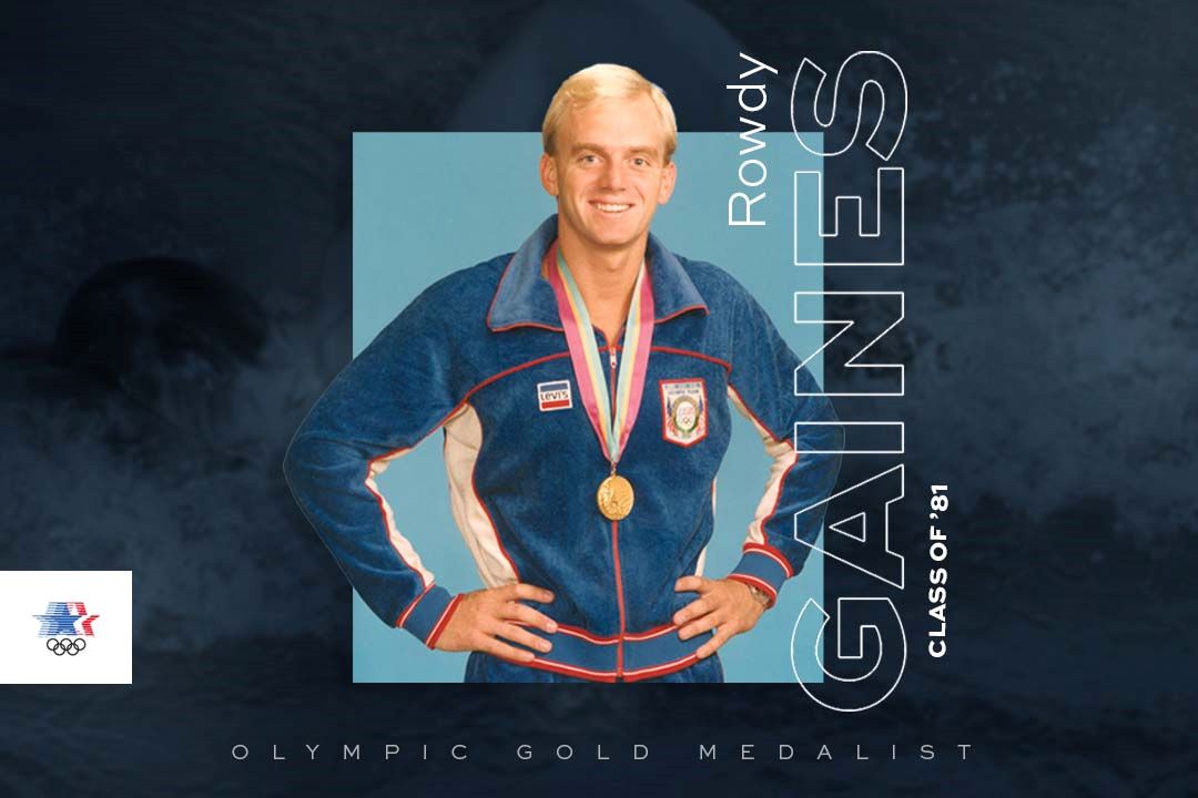 Rowdy Gaines wearing Olympic gold medal