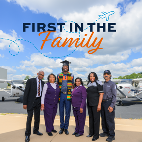 Sims family posing for photo at the Auburn airport, titled "First in the Family"