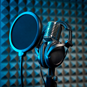 Microphone in a music studio with headphones looped around it