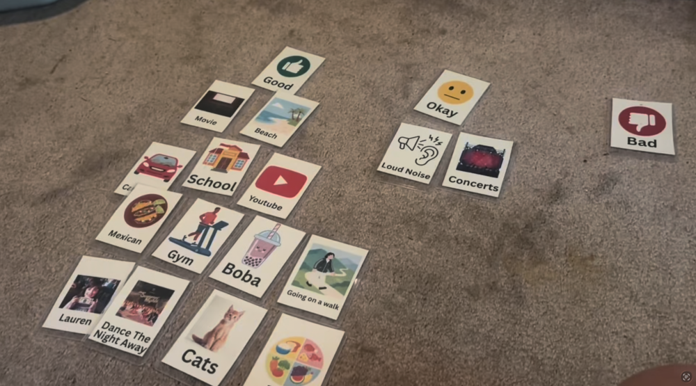Talking mats cards with photos of people, activities and things organized under categories