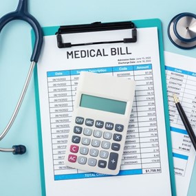 A stethoscope and calculator sitting atop a stack of medical bills