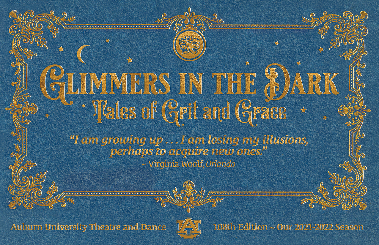 Season theme and info appearing as a book cover: "Glimmers in the Dark: Tales of Grit and Grace"