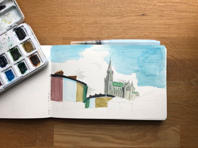 watercolor drawing of a church