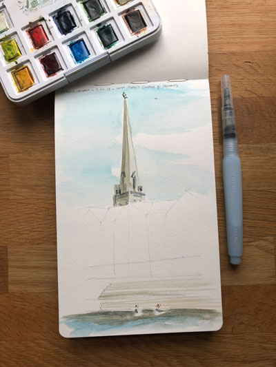 watercolor drawing of a church