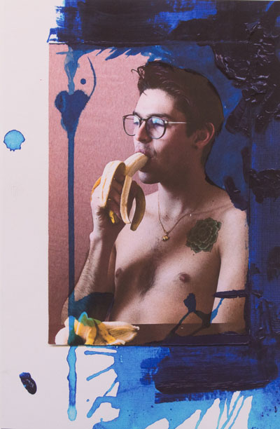 man eating a banana with blue background
