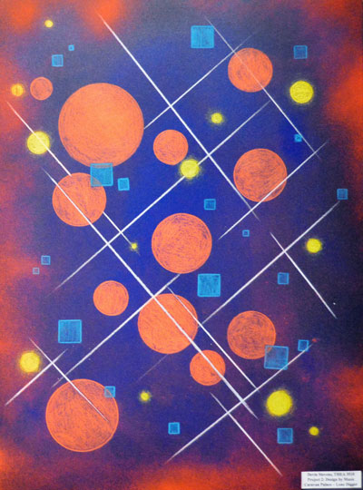 abstract painting with blue squares and yellow and orange circles