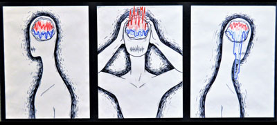 three panel abstract painting of a person having emotions